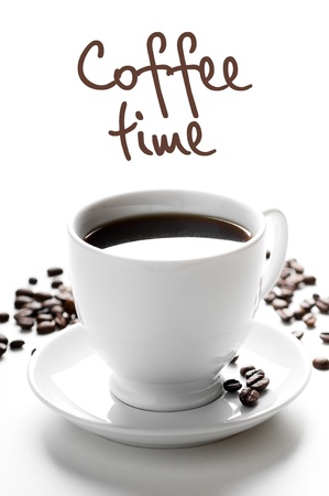 cup of coffee with coffee grains isolated on whiteの写真素材