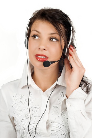 brunette business woman operator of service isolated on white backgroundの写真素材