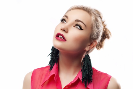 Attractive woman looking upの写真素材