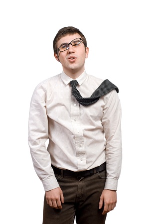 Tired young man in frustration over white backgroundの写真素材