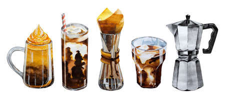 Watercolor set of coffee drinks and design elements isolated on whiteの写真素材