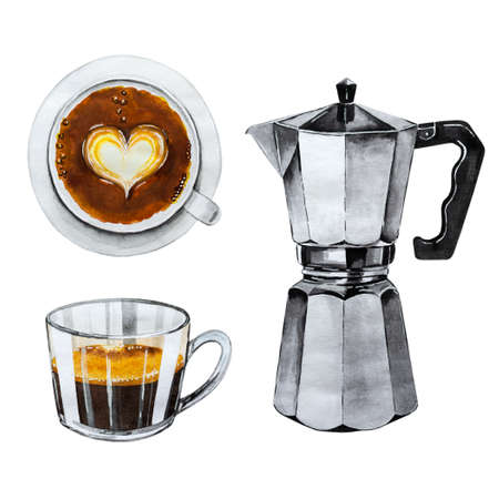 Watercolor set of coffee drinks and design elements isolated on whiteの写真素材