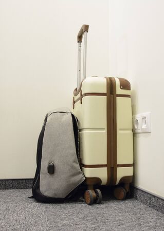 traveling bag in the hotel roomの写真素材