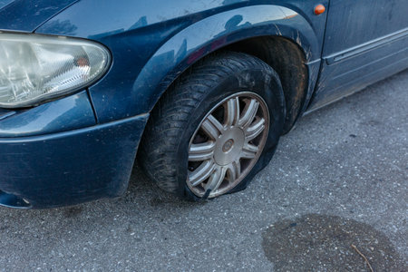 car wheel with flat tireの写真素材