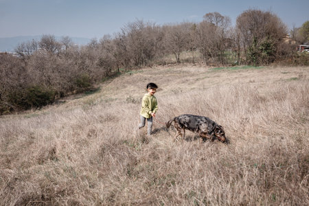 wide angle view of the child walking dog on a leashの写真素材