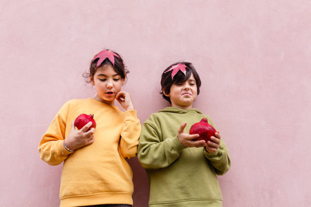portrait of two girls standing against pink wall holding pomegranates in handsの写真素材