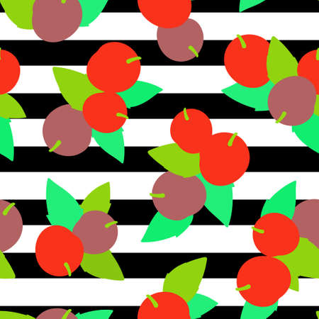 Seamless botanical pattern with apricots and leaves on striped background. Vector illustration.のイラスト素材