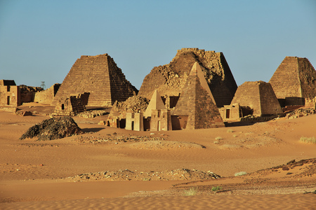 The ancient pyramids of Meroe in Sudan's desertの写真素材