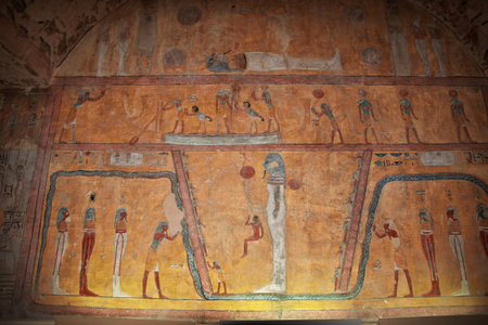 Luxor, Egypt - 28 Feb 2017. Frescos in the ancient necropolis Valley of the Kings in Luxorのeditorial素材