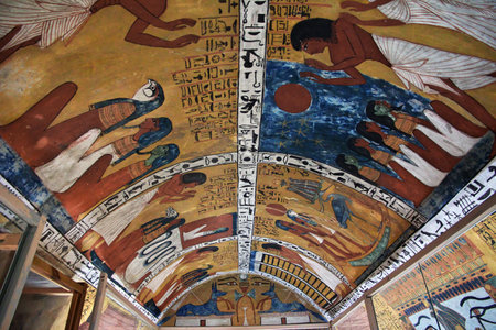 Luxor, Egypt - 28 Feb 2017. Frescos in the ancient necropolis Valley of Artisans in Luxorのeditorial素材