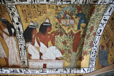 Luxor, Egypt - 28 Feb 2017. Frescos in the ancient necropolis Valley of Artisans in Luxorのeditorial素材