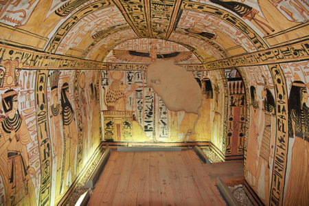 Luxor, Egypt - 28 Feb 2017. Frescos in the ancient necropolis Valley of Artisans in Luxorのeditorial素材