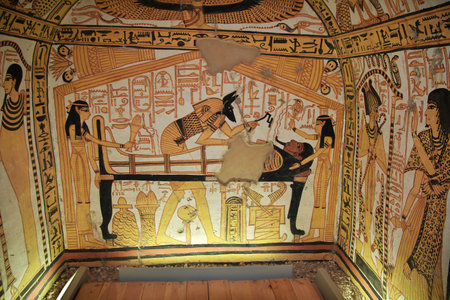 Luxor, Egypt - 28 Feb 2017. Frescos in the ancient necropolis Valley of Artisans in Luxorのeditorial素材