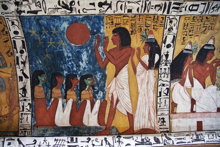 Luxor, Egypt - 28 Feb 2017. Frescos in the ancient necropolis Valley of Artisans in Luxorのeditorial素材