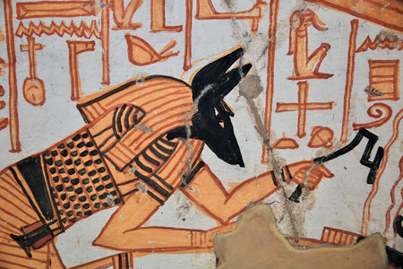 Luxor, Egypt - 28 Feb 2017. Frescos in the ancient necropolis Valley of Artisans in Luxorのeditorial素材