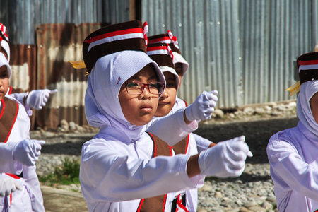 Wamena/Papua, Indonesia - 10 Aug 2016. Students at the parade in honor of independence day