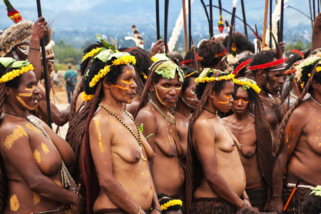 Wamena/Papua, Indonesia - 08 Aug 2016. National festival of local tribes in Wamena city, Papuaのeditorial素材