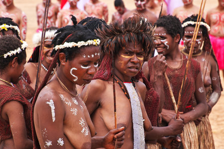 Wamena/Papua, Indonesia - 08 Aug 2016. National festival of local tribes in Wamena city, Papuaのeditorial素材