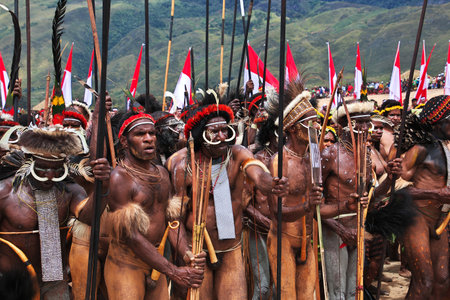 Wamena/Papua, Indonesia - 08 Aug 2016. National festival of local tribes in Wamena city, Papuaのeditorial素材