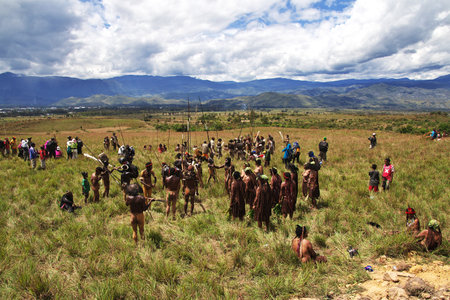 Wamena/Papua, Indonesia - 08 Aug 2016. National festival of local tribes in Wamena city, Papuaのeditorial素材
