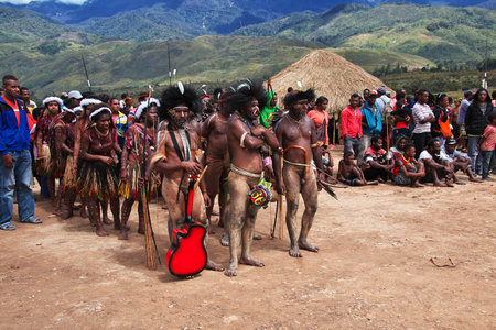 Wamena/Papua, Indonesia - 08 Aug 2016. National festival of local tribes in Wamena city, Papuaのeditorial素材