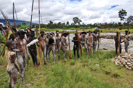 Wamena/Papua, Indonesia - 09 Aug 2016. National festival of local tribes in Wamena city, Papuaのeditorial素材