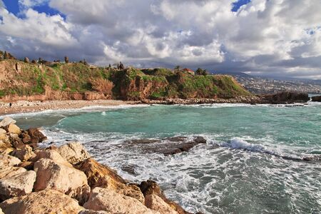 The sea in Byblos, ancient roman ruins in Lebanonの写真素材