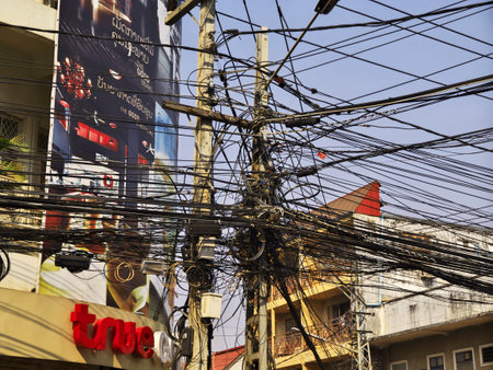 Vientiane / Laos - 26 Feb 2012: Wires in Vientiane, Laosのeditorial素材