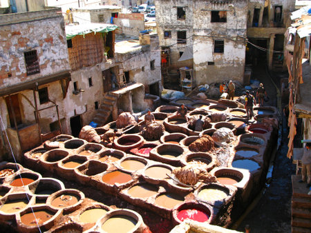 Fez / Morocco - 04 Nov 2010: The leather dyers in Fez, Moroccoのeditorial素材