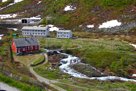 Flam / Norway - 25 Jun 2012: Flam village in mountains of Norwayのeditorial素材
