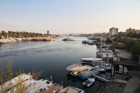 Aswan / Egypt - 27 Feb 2017: The view on Nile river in Aswan, Egyptのeditorial素材