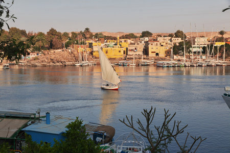 Aswan / Egypt - 27 Feb 2017: The felucca on Nile river in Aswan, Egyptのeditorial素材