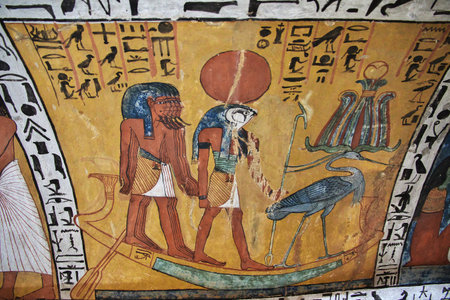 Luxor / Egypt - 28 Feb 2017. Frescos in the ancient necropolis Valley of Artisans in Luxorのeditorial素材