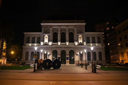 Ljubljana / Slovenia - 29 Apr 2018: National Gallery, Narodna Galerija in Ljubljana at night, Sloveniaのeditorial素材