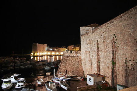 Dubrovnik / Croatia - 04 May 2018: The marina at night in Dubrovnik city on Adriatic sea, Croatiaのeditorial素材