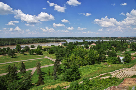Belgrade / Serbia - 12 May 2018: The view on Danube river and Sava River, Belgradeのeditorial素材