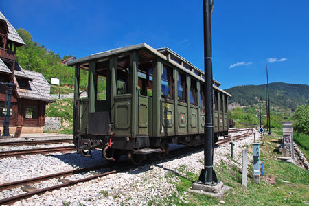 Drvengrad / Serbia - 27 Apr 2018: Old Train in Drvengrad, Serbiaのeditorial素材