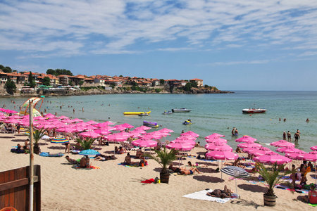 Sozopol / Bulgaria - 17 Jul 2015: The beach in Sozopol, Black sea coast, Bulgariaのeditorial素材