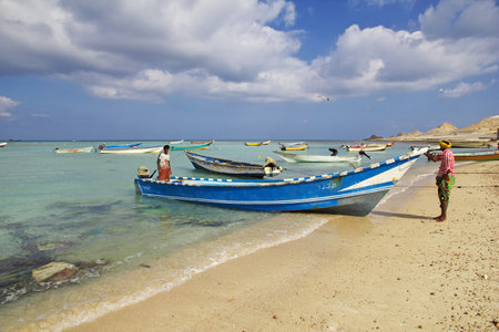 Shuab / Yemen - 08 Jan 2013: The boat in Shuab bay on Socotra island, Indian ocean, Yemenのeditorial素材