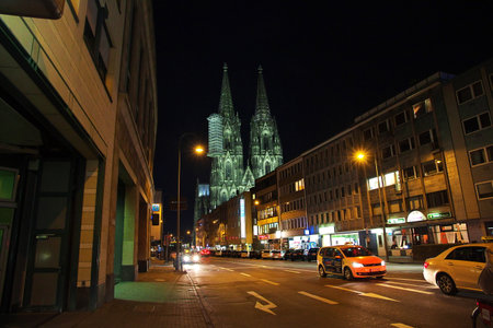 Cologne / Germany - 10 Sep 2015: Ancient Cologne Cathedral at night in Germanyのeditorial素材