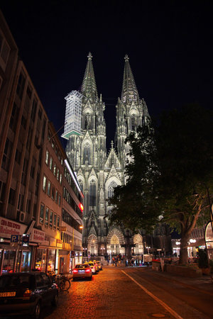 Cologne / Germany - 10 Sep 2015: Ancient Cologne Cathedral at night in Germanyのeditorial素材