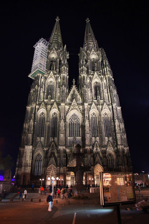 Cologne / Germany - 10 Sep 2015: Ancient Cologne Cathedral at night in Germanyのeditorial素材