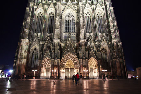Cologne / Germany - 10 Sep 2015: Ancient Cologne Cathedral at night in Germanyのeditorial素材