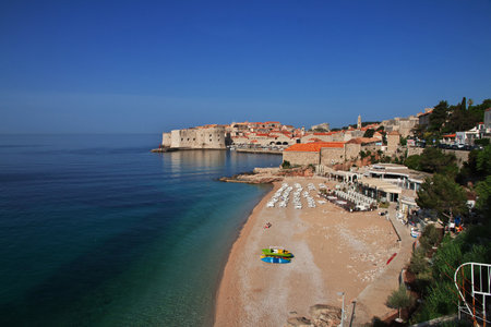 Dubrovnik / Croatia - 02 May 2018: The beach in Dubrovnik city on Adriatic sea, Croatiaのeditorial素材