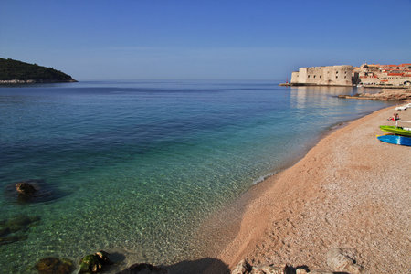 Dubrovnik / Croatia - 02 May 2018: The beach in Dubrovnik city on Adriatic sea, Croatiaのeditorial素材