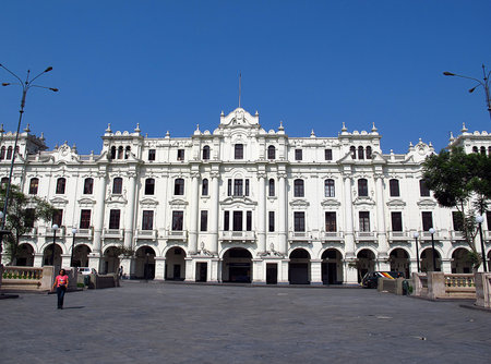 Lima / Peru - 30 Apr 2011: The vintage palace on Plaza de Armas, Plaza Mayor, Lima city, Peru, South Americaのeditorial素材
