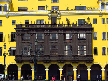 Lima / Peru, - 30 Apr 20111: The vintage balcony of palace on Plaza de Armas, Plaza Mayor, Lima city, Peru, South Americaのeditorial素材