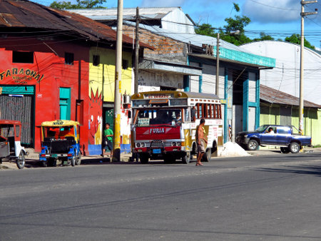 Iquitos, Amazon river / Peru - 13 May 2011: The vintage bus in Iquitos on the Amazon river, Peruのeditorial素材