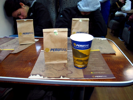 Machu Picchu / Peru - 04 May 2011: Food in the traint to Machu Picchu in the Andes mountains, Peru, South Americaのeditorial素材