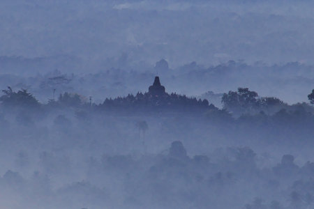 Borobudur / Indonesia - 02 Aug 2016: The blue fog during sunrise on Borobudur temple, Indonesiaのeditorial素材